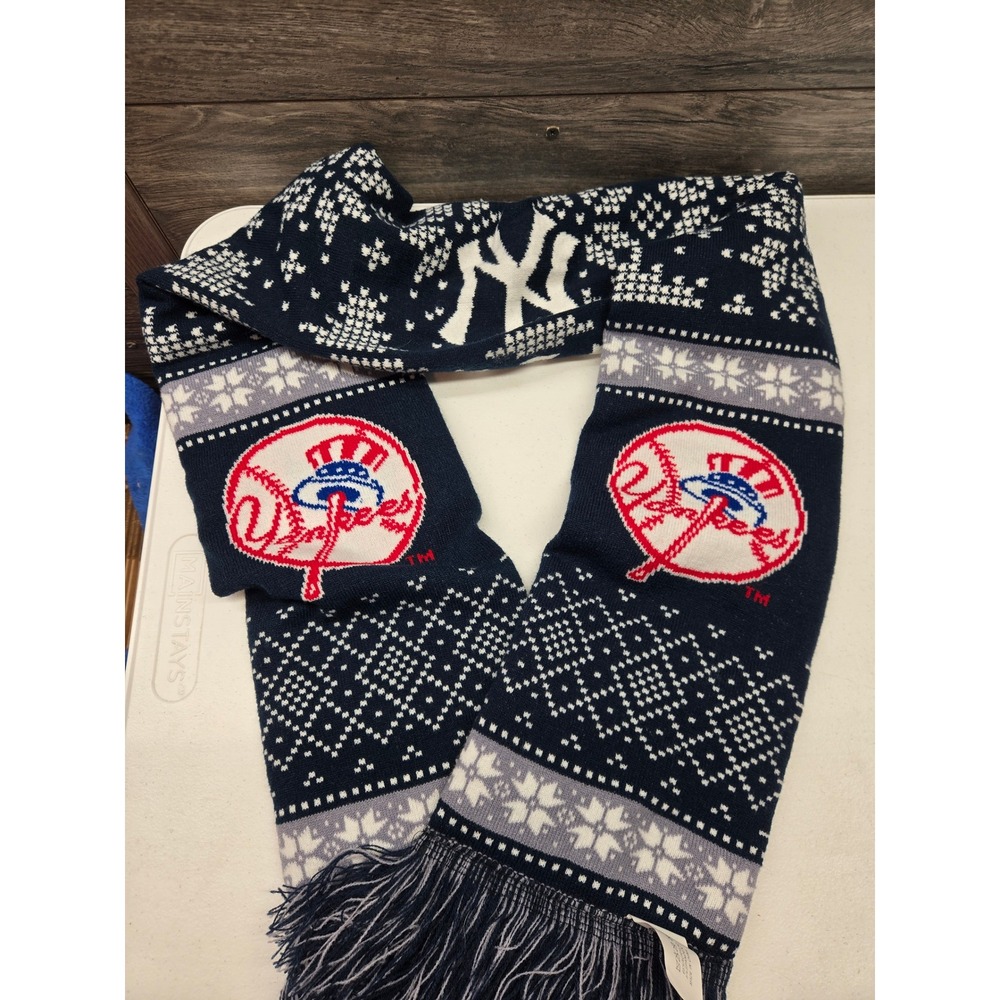 New York Yankees MLB Knit Scarf Navy Blue Fair Isle Snowflake‎ Winter Fringe Fan